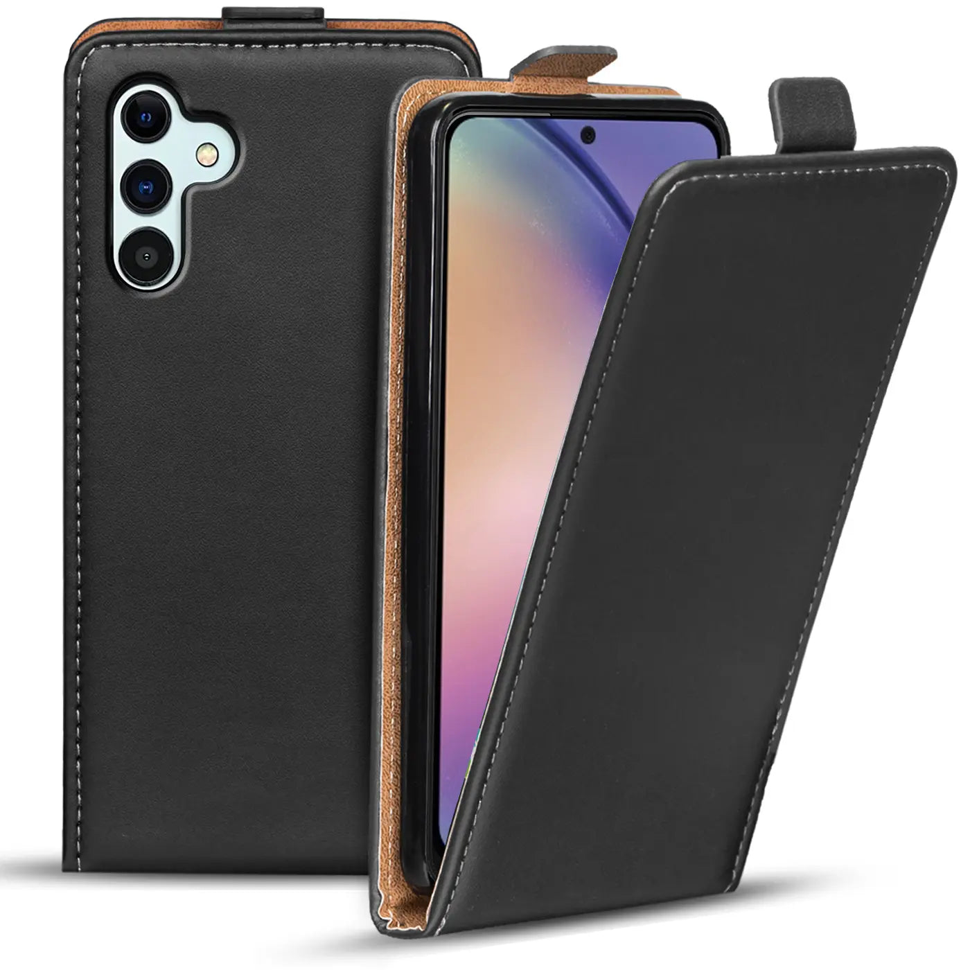 Schwarze Leder-Flip-Hülle mit braunem Innenfutter für Samsung Galaxy A54 5G.