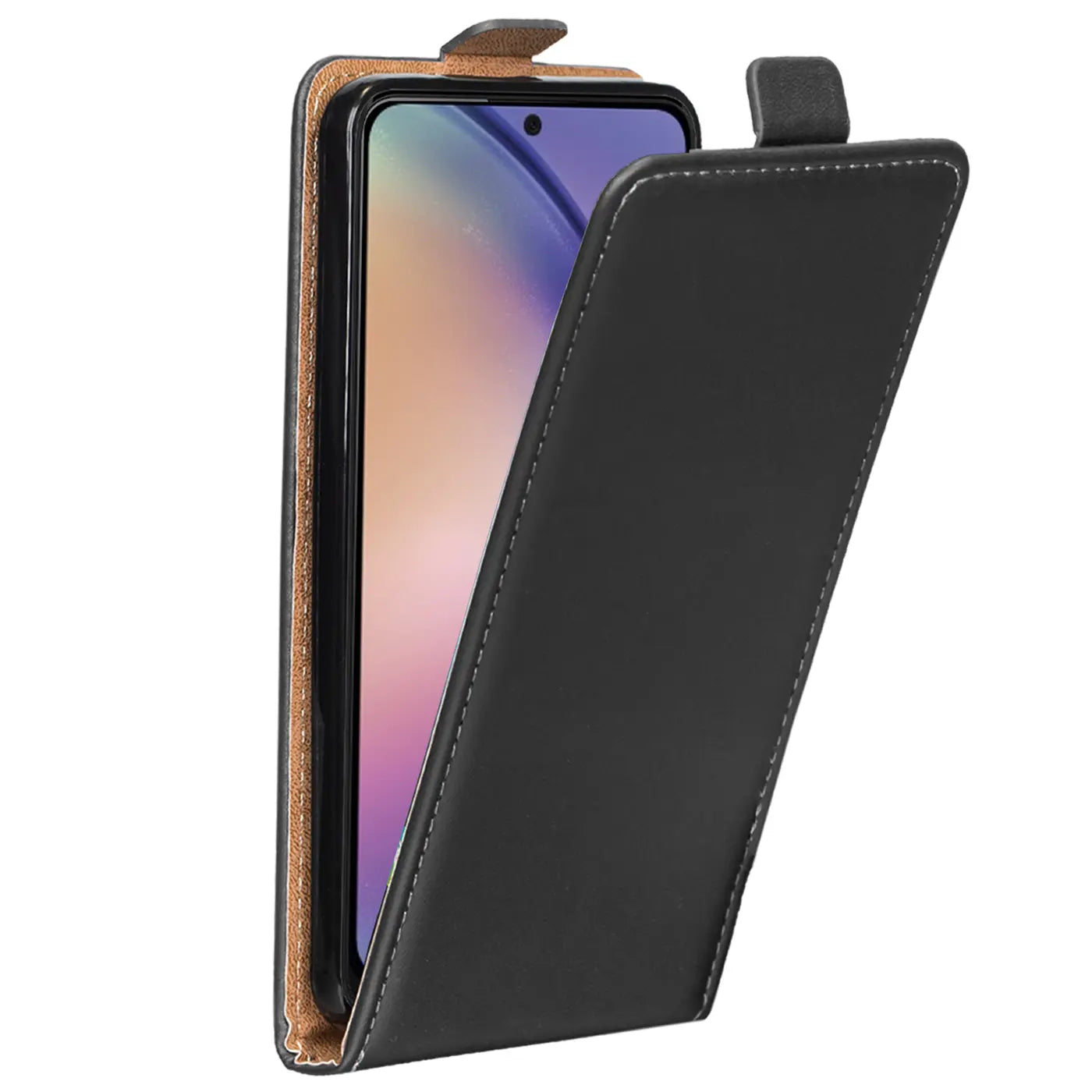 Schwarze Leder-Flip-Hülle mit offenem Klappdeckel, zeigt Samsung Galaxy A54 5G.