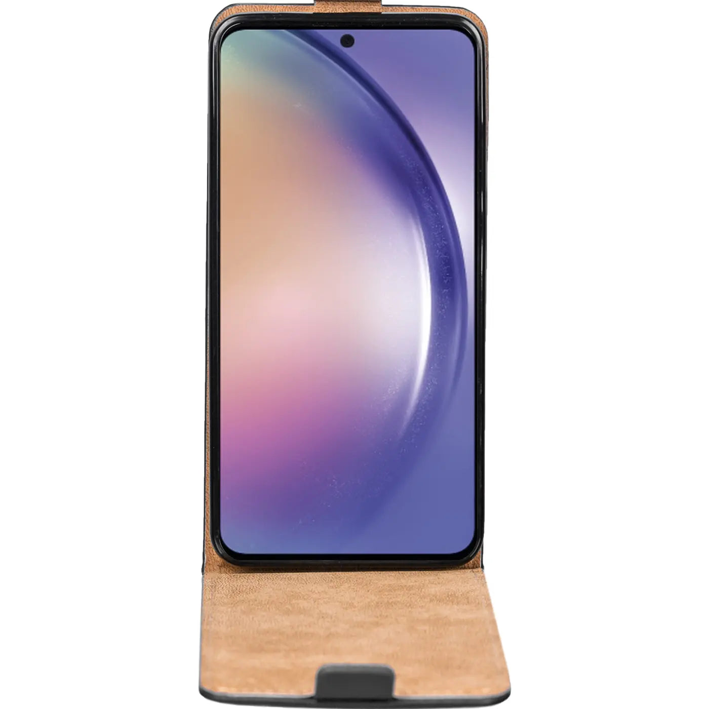 Braune Leder-Flip-Hülle mit schwarzem Rahmen, Vorderansicht, Samsung Galaxy A54 5G.