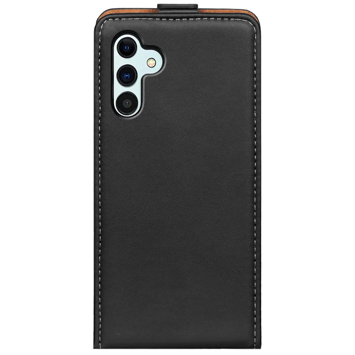 Schwarze Leder-Flip-Hülle mit Nähten, Rückansicht, Samsung Galaxy A54 5G Kameraaussparung.
