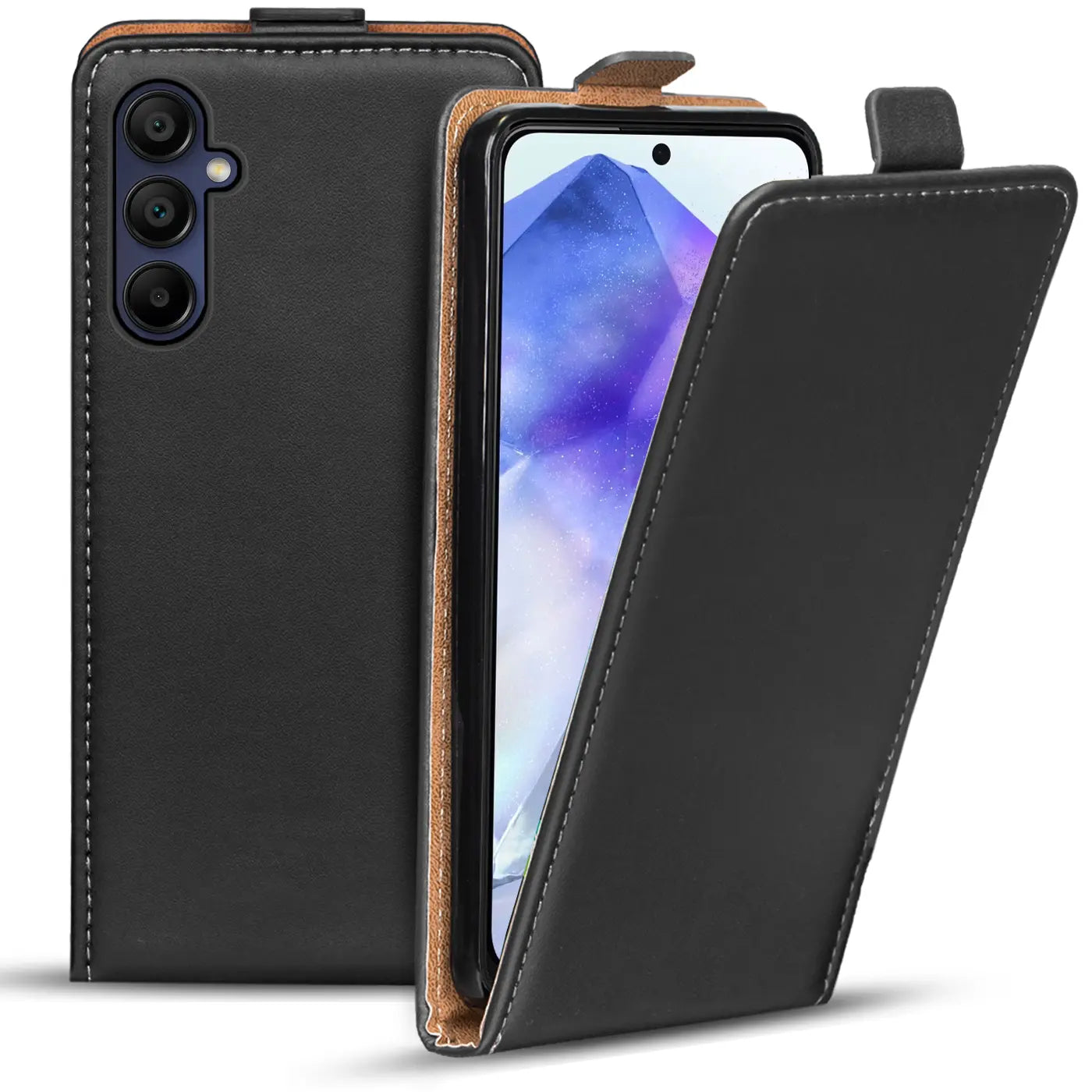 Schwarze Leder-Flip-Hülle für Samsung Galaxy A55 5G, von vorne schräg