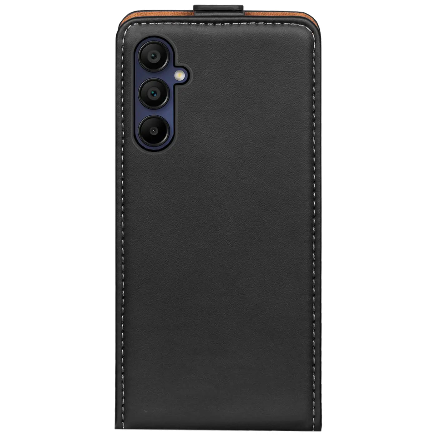 Schwarze Leder-Flip-Hülle mit Nähten, Rückansicht, zeigt Kameraaussparung für Samsung Galaxy A55 5G.
