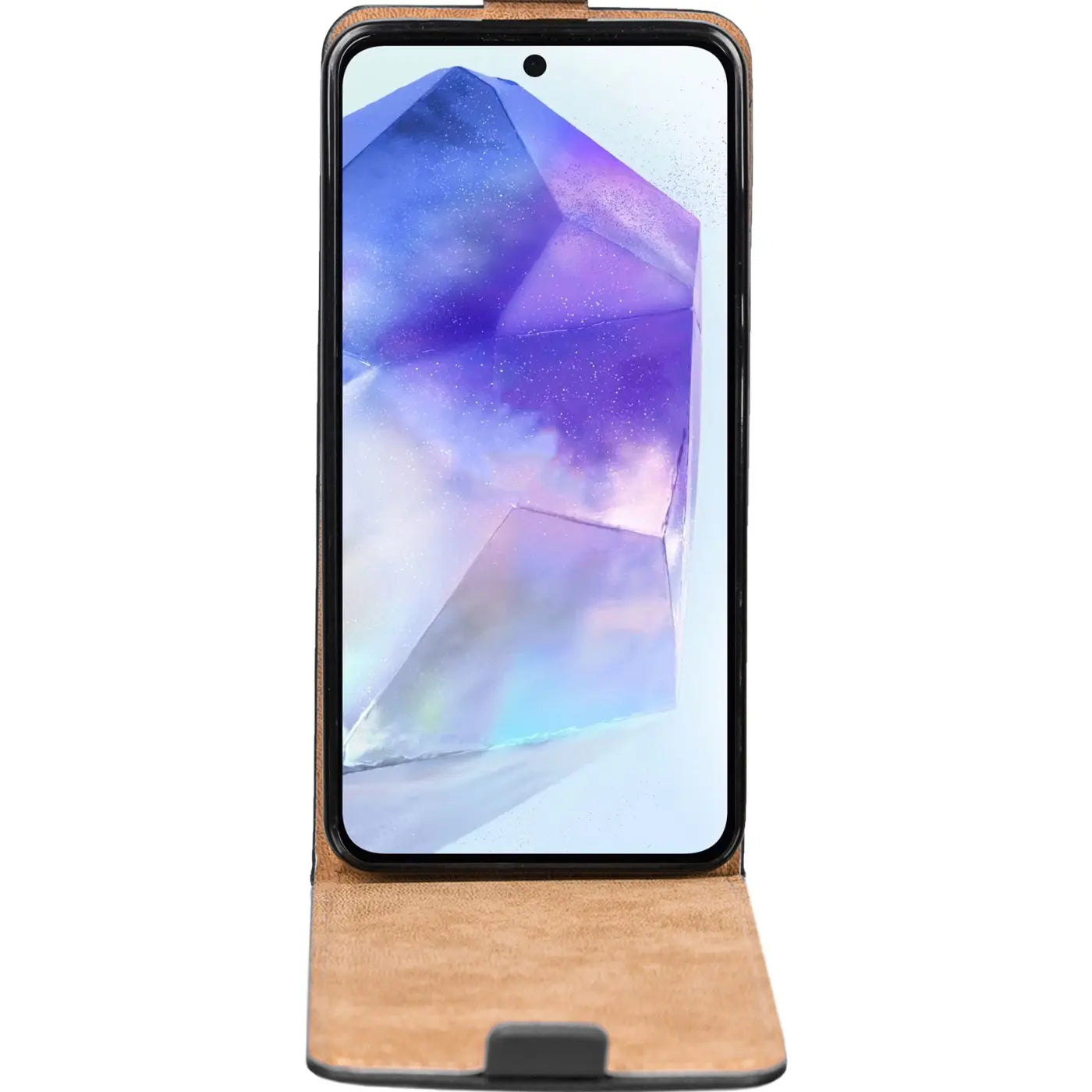 Braune Leder-Flip-Hülle mit offenem Klappteil, Vorderansicht auf Samsung Galaxy A55 5G.