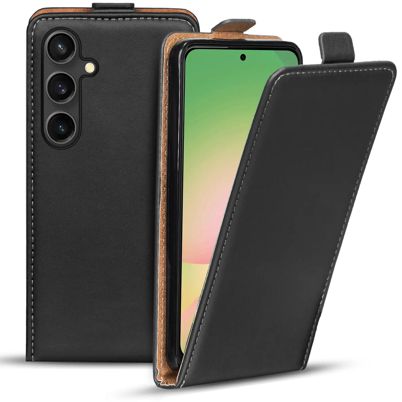 Schwarze Leder-Flip-Hülle, geöffnet, zeigt Samsung Galaxy A56 5G von vorne.