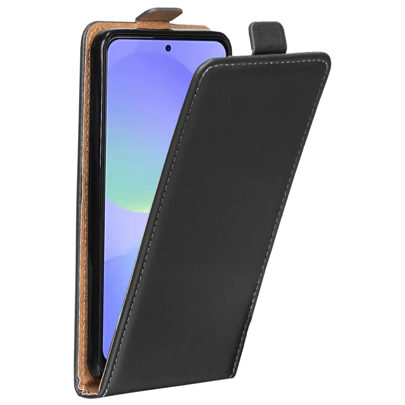 Schwarze Leder-Flip-Hülle mit offenem Display, Samsung Galaxy A57 5G, von vorne links gesehen.