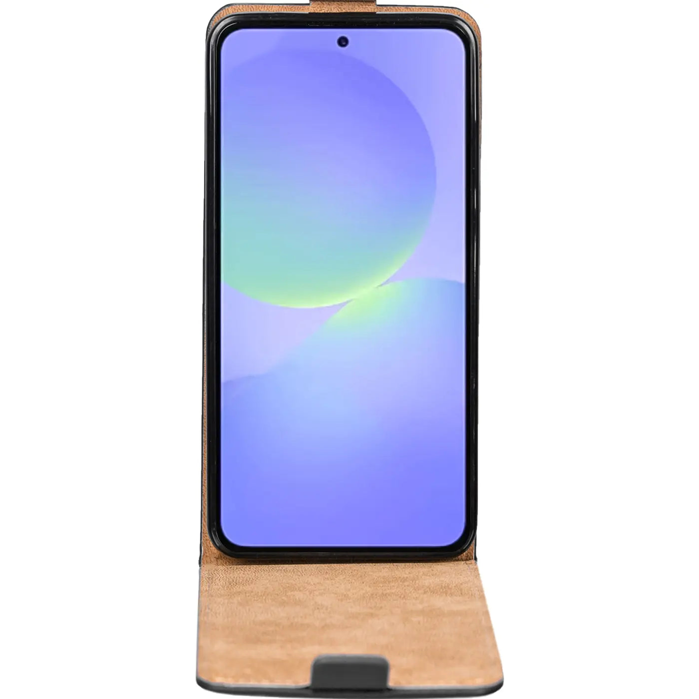 Braune Leder-Flip-Hülle, offen, mit Samsung Galaxy A57 5G.