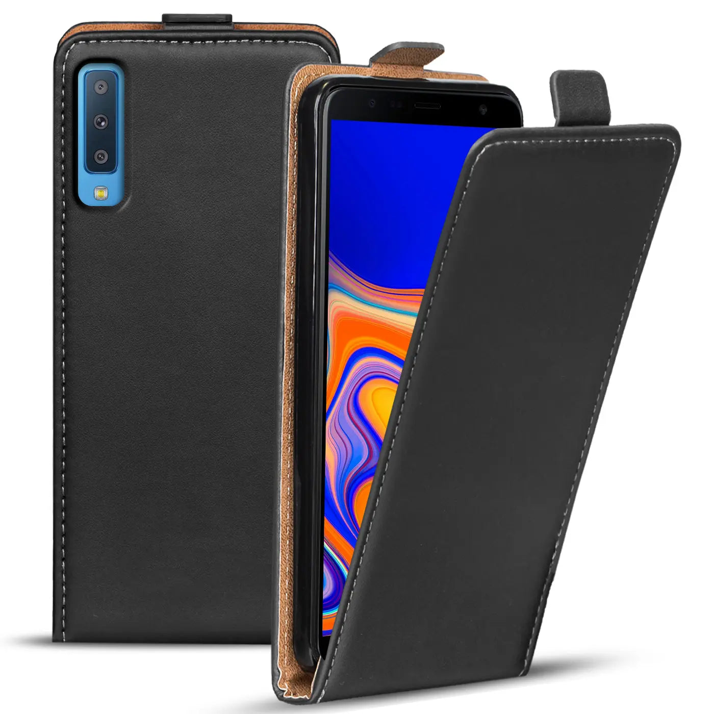 Schwarze Leder-Flip-Hülle, offen, zeigt Samsung Galaxy A7 2018.
