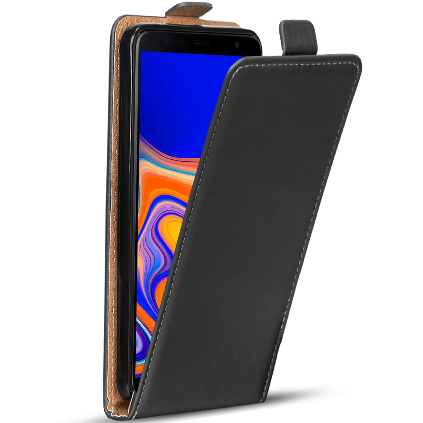 Schwarze Leder-Flip-Hülle mit offenem Deckel, zeigt Samsung Galaxy A7 2018.
