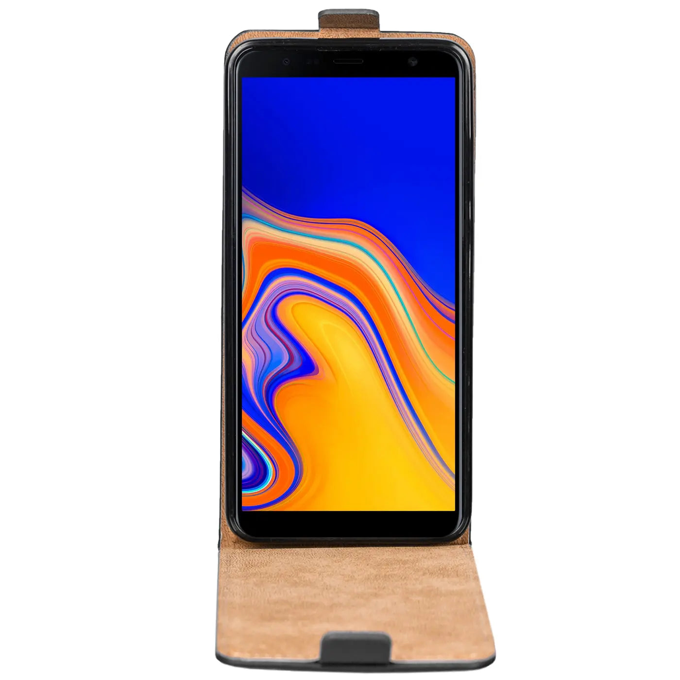 Braunes Leder-Flip-Case mit Samsung Galaxy A7 2018, Frontansicht.