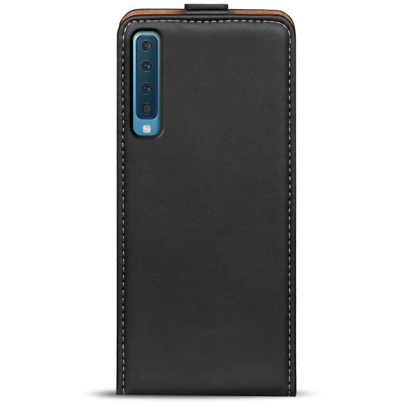 Schwarze Leder-Flip-Hülle mit Nähten, Vorderansicht, Samsung Galaxy A9 2018 mit Kameraöffnung