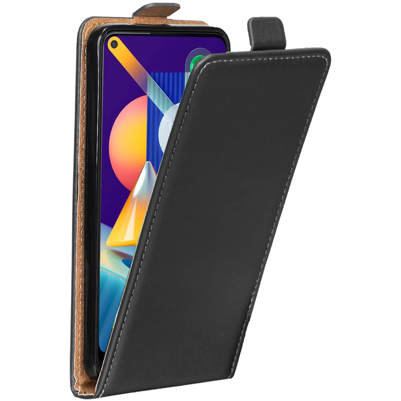 Schwarze Kunstleder-Flip-Hülle, schräg von vorne, zeigt Samsung Galaxy M11.