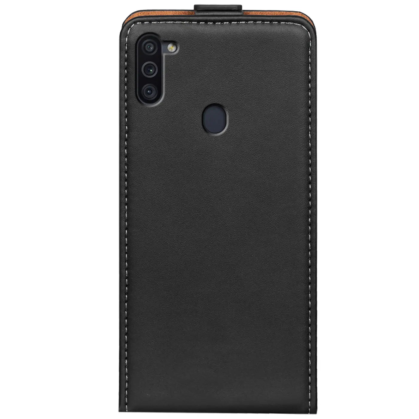 Schwarze Leder-Flip-Hülle für Samsung Galaxy M11, Rückansicht.