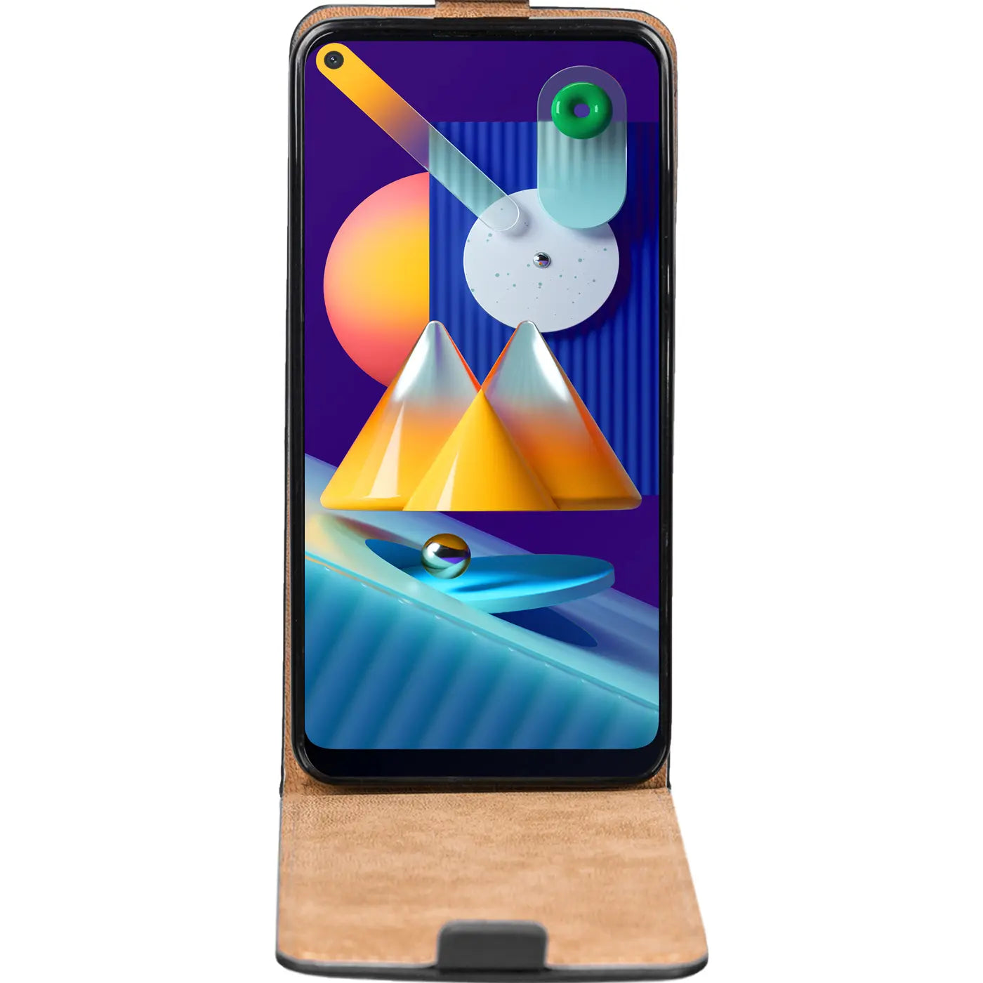 Braune Leder-Flip-Hülle, offen, mit Samsung Galaxy M11, Frontansicht.