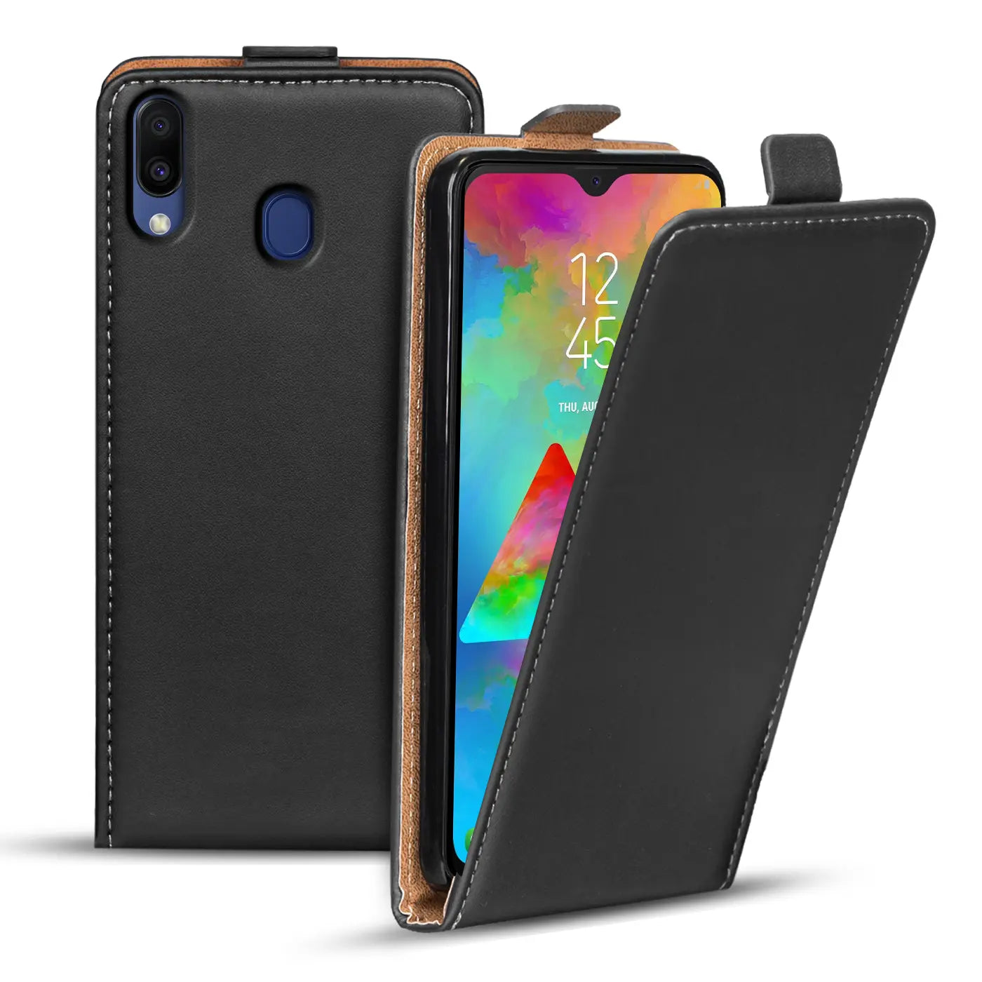 Schwarze Leder-Flip-Hülle, offen, zeigt Samsung Galaxy M20.