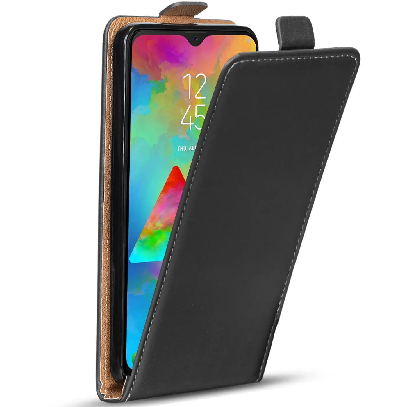 Schwarze Leder-Flip-Hülle für Samsung Galaxy M20, von vorne, offen
