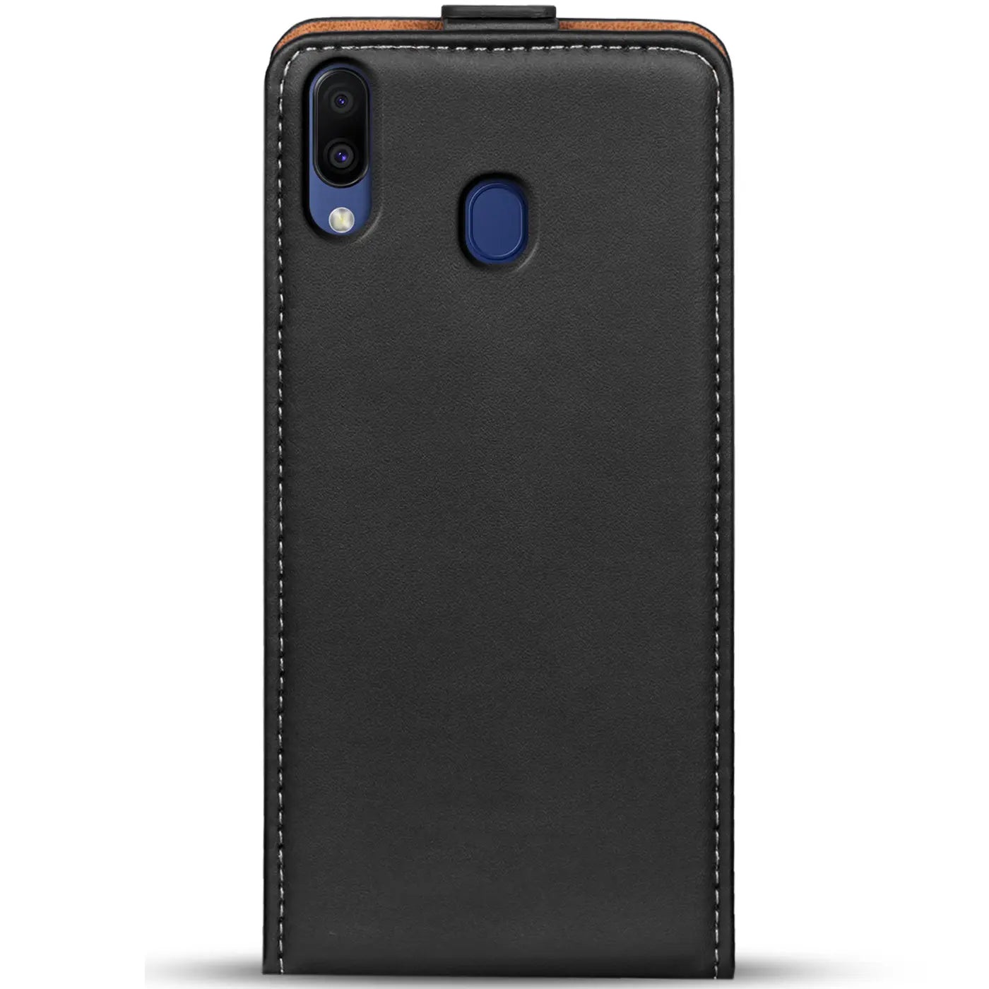 Schwarze Leder-Flip-Hülle für Samsung Galaxy M20, Rückansicht, mit Nähten.