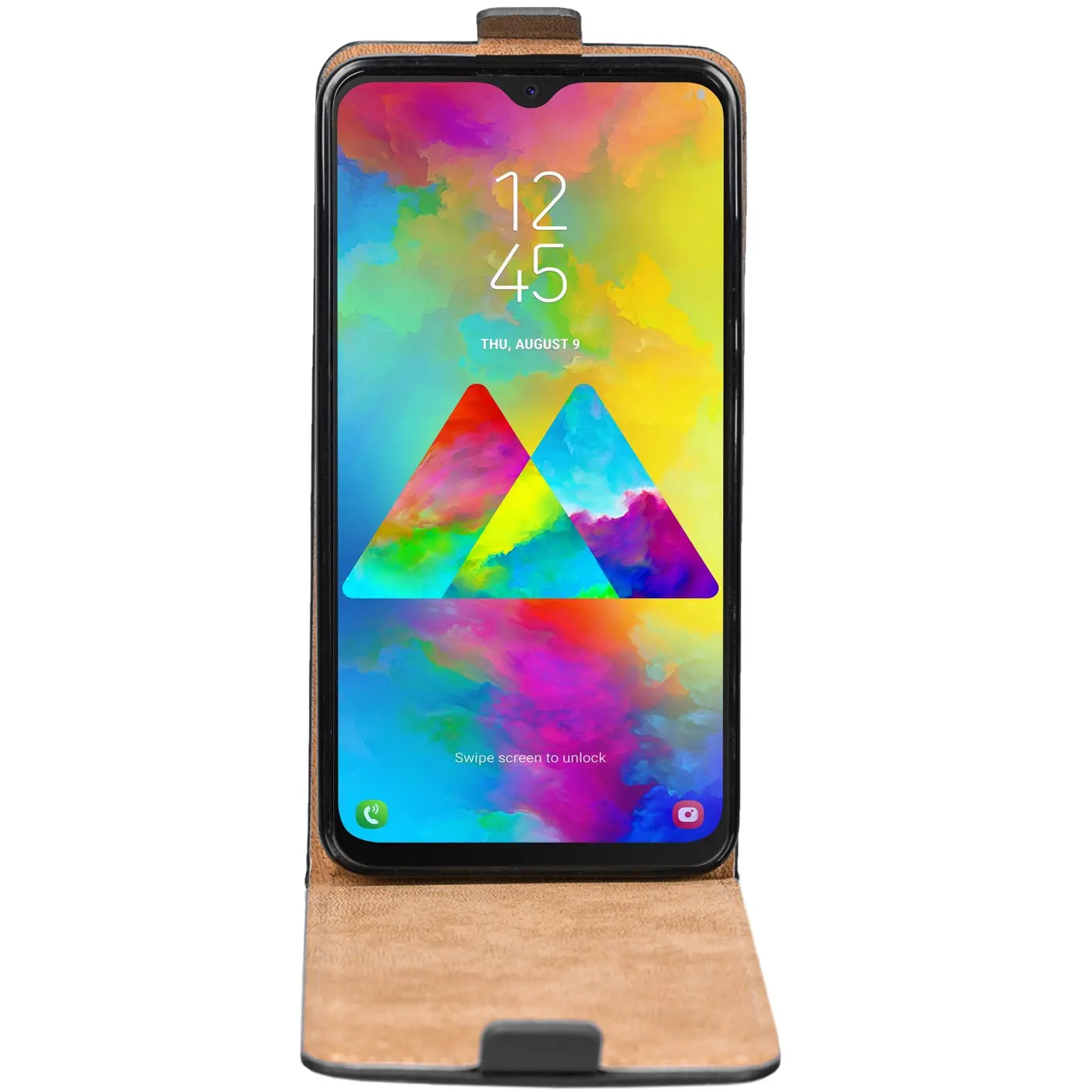 Braune Leder-Flip-Hülle mit Samsung Galaxy M20, von vorne