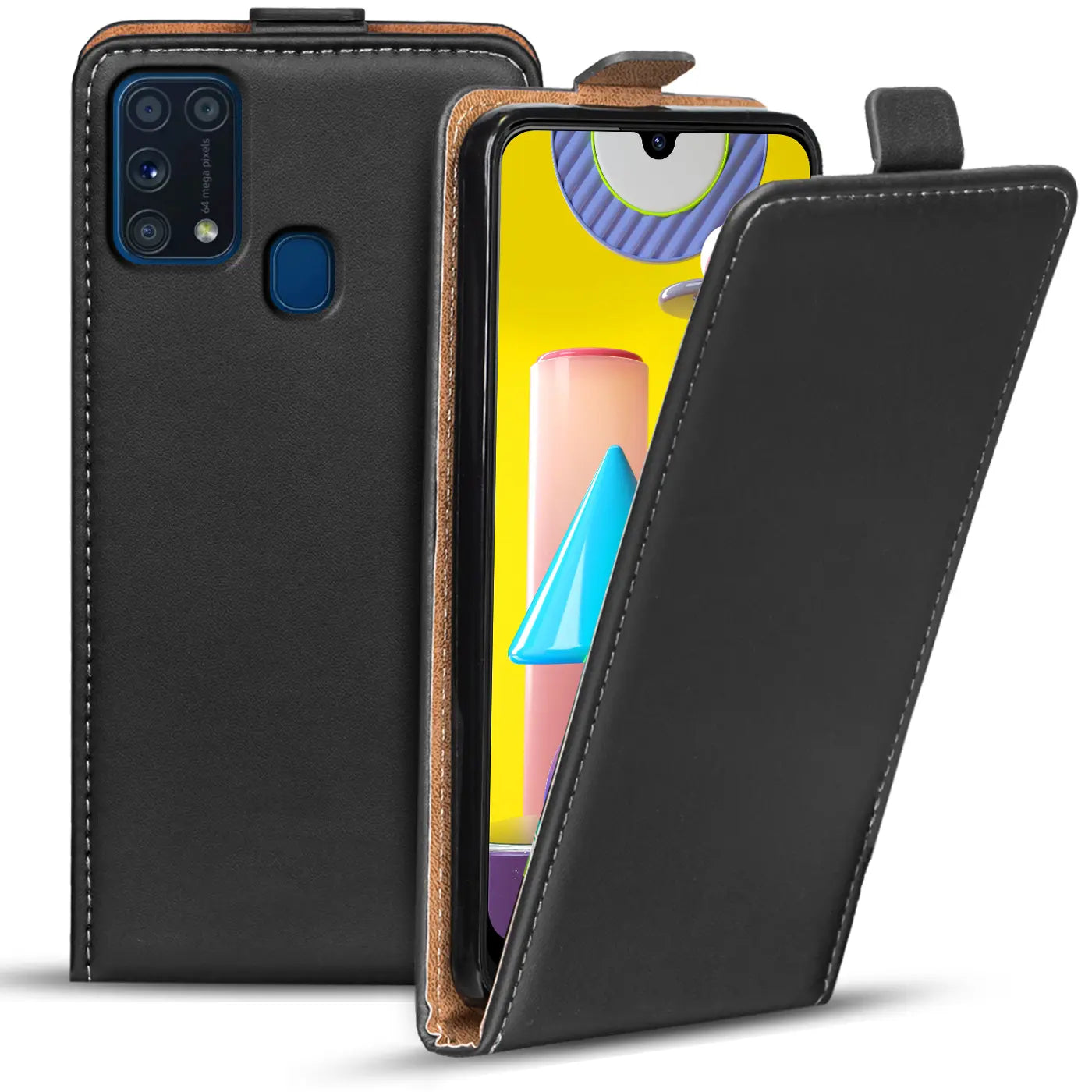 Schwarze Leder-Flip-Hülle mit braunem Rand, zeigt Samsung Galaxy M31, von vorne.