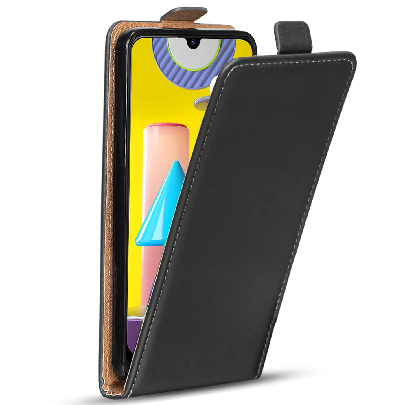 Schwarze Leder-Flip-Hülle für Samsung Galaxy M31, von vorne schräg geöffnet.