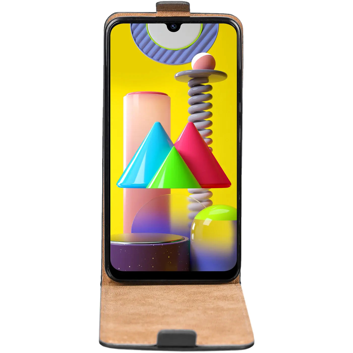 Braune Leder-Flip-Hülle für Samsung Galaxy M31, von vorne gezeigt.