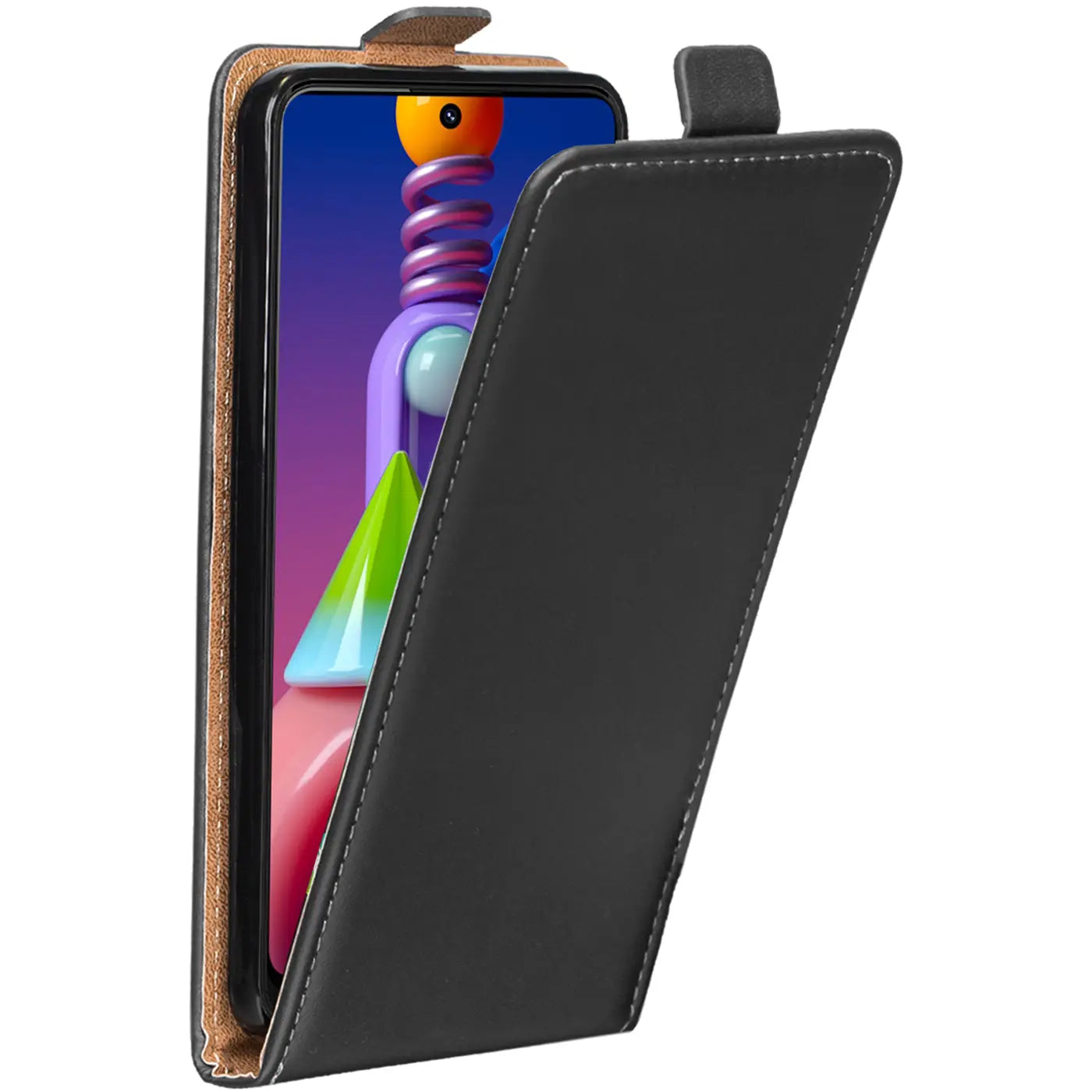 Schwarze Leder-Flip-Hülle mit offenem Klappdeckel, zeigt Samsung Galaxy M51.