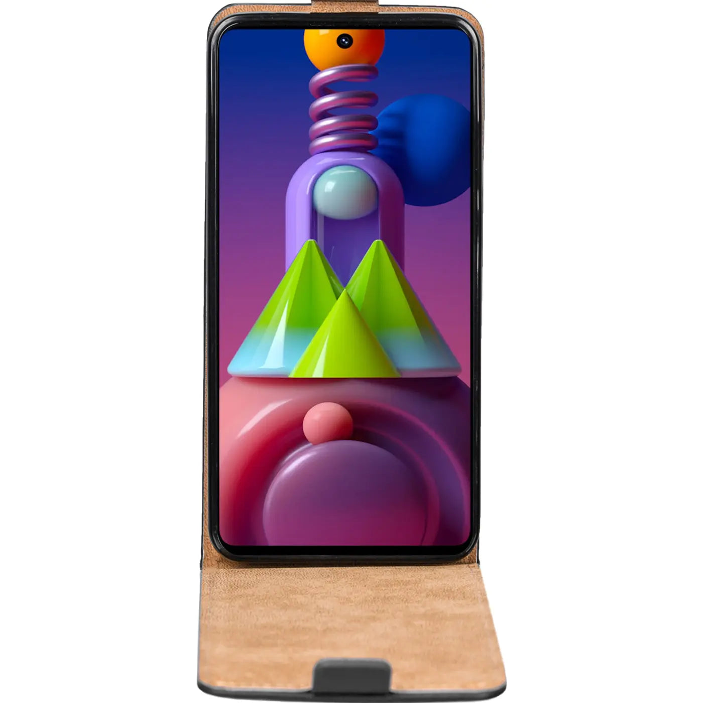 Samsung Galaxy M51 in brauner Leder-Flip-Hülle, von vorn, offen