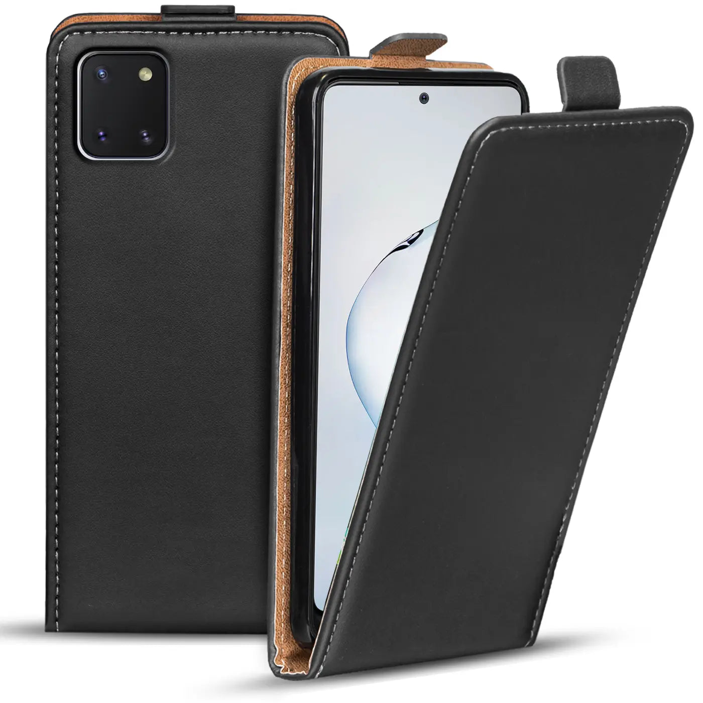 Schwarze Leder-Flip-Hülle mit braunem Innenfutter, Vorderansicht, für Samsung Galaxy Note 10 Lite.