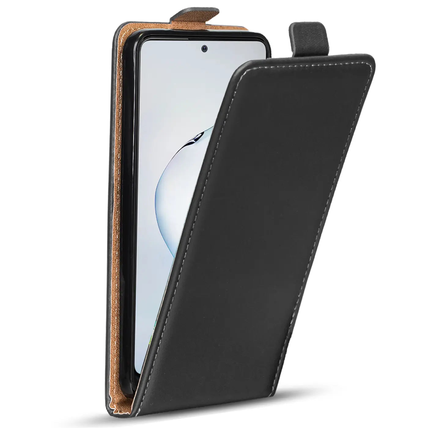 Schwarze Kunstleder-Flip-Hülle mit offenem Deckel, zeigt Samsung Galaxy Note 10 Lite.