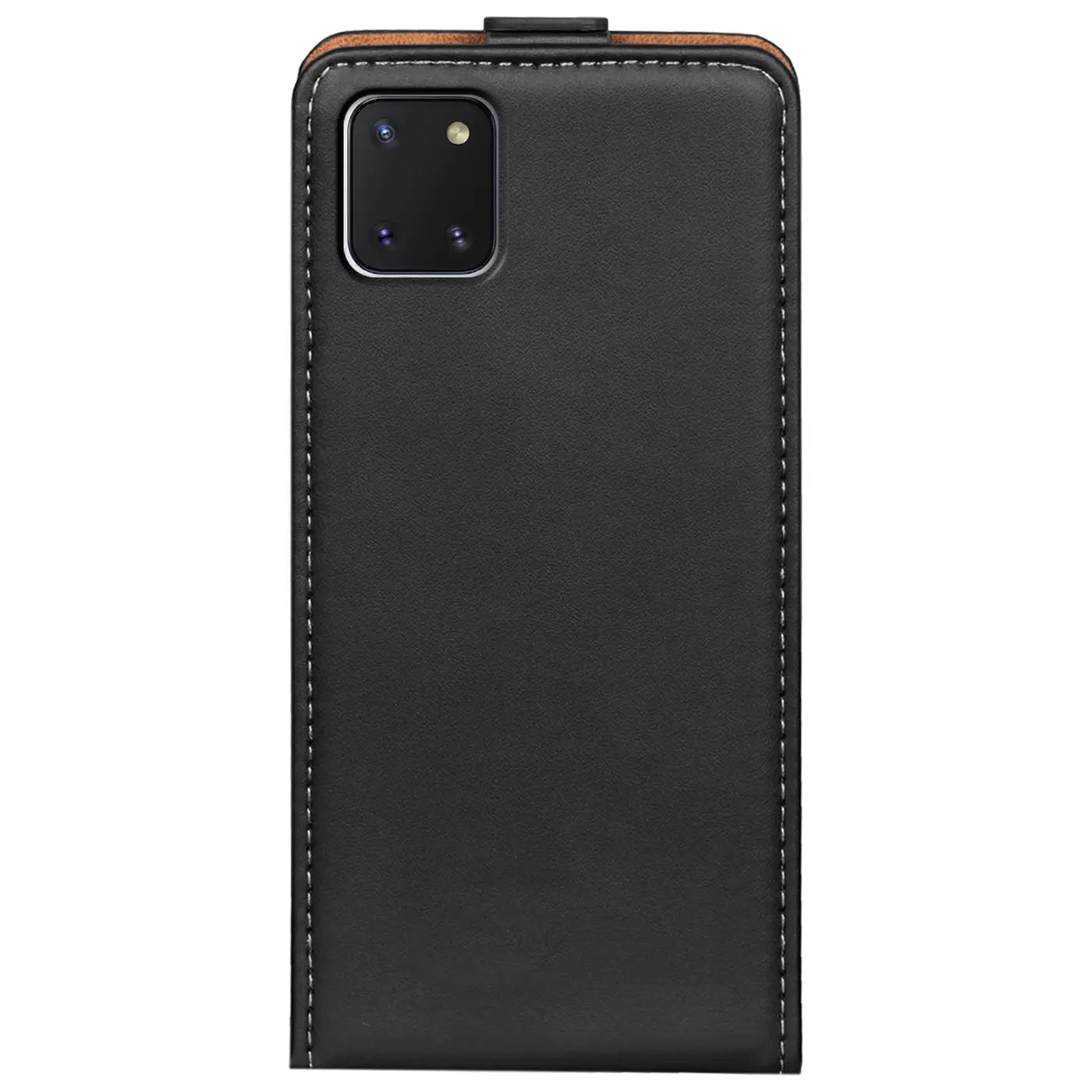 Schwarze Leder-Flip-Hülle mit Nähten, Vorderansicht, für Samsung Galaxy Note 10 Lite.