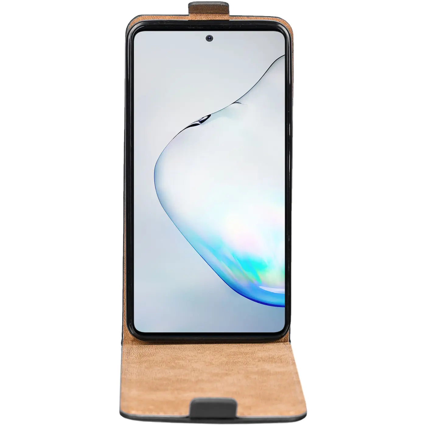 Samsung Galaxy Note 10 Lite in brauner Leder-Flip-Hülle, Vorderansicht.