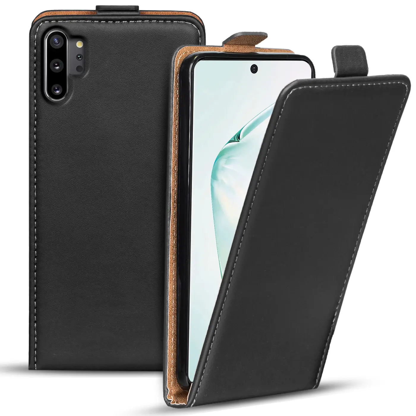 Schwarze Leder-Flip-Hülle, offen, zeigt Samsung Galaxy Note 10 Plus.