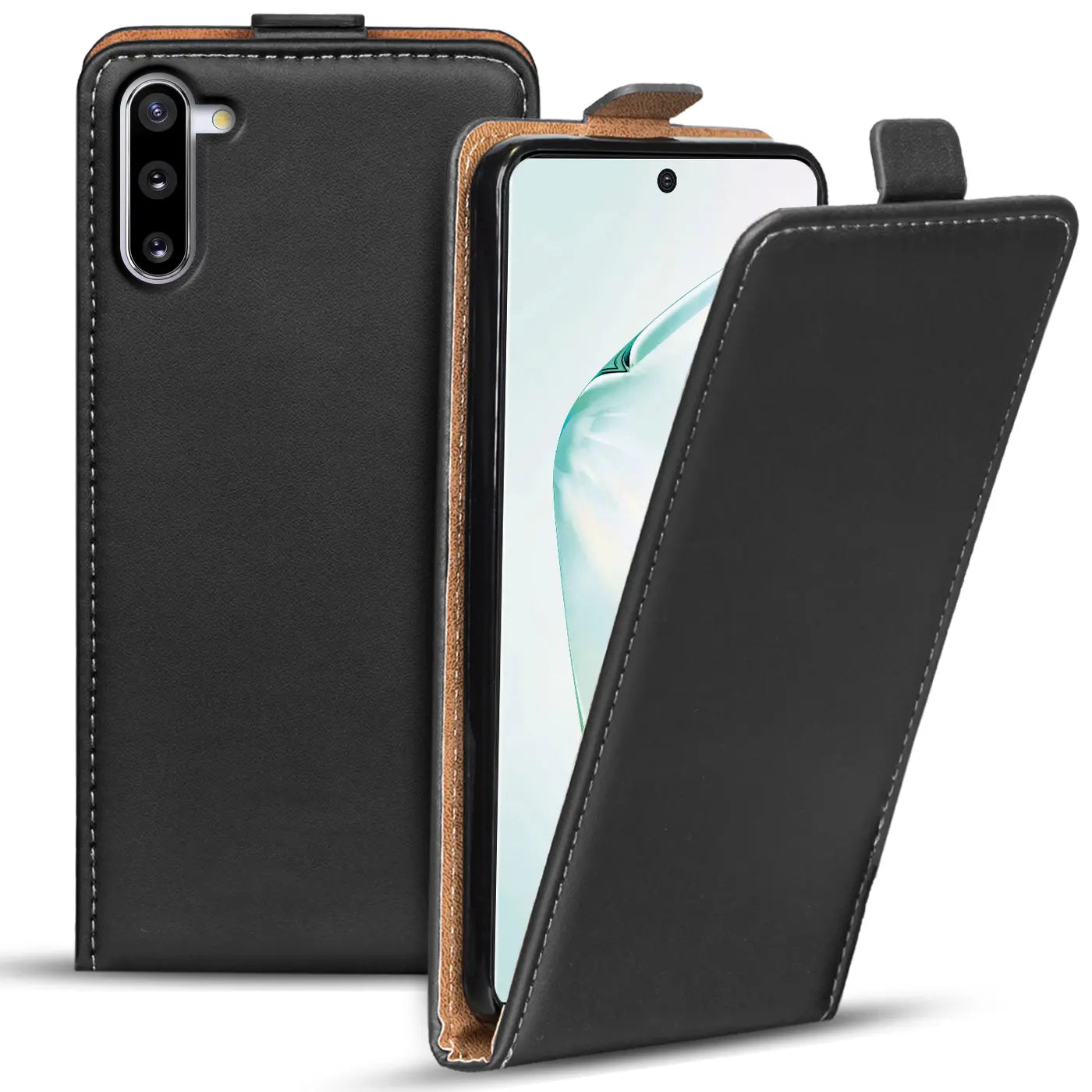 Schwarze Leder-Flip-Hülle, geöffnet, zeigt Samsung Galaxy Note 10, von vorne