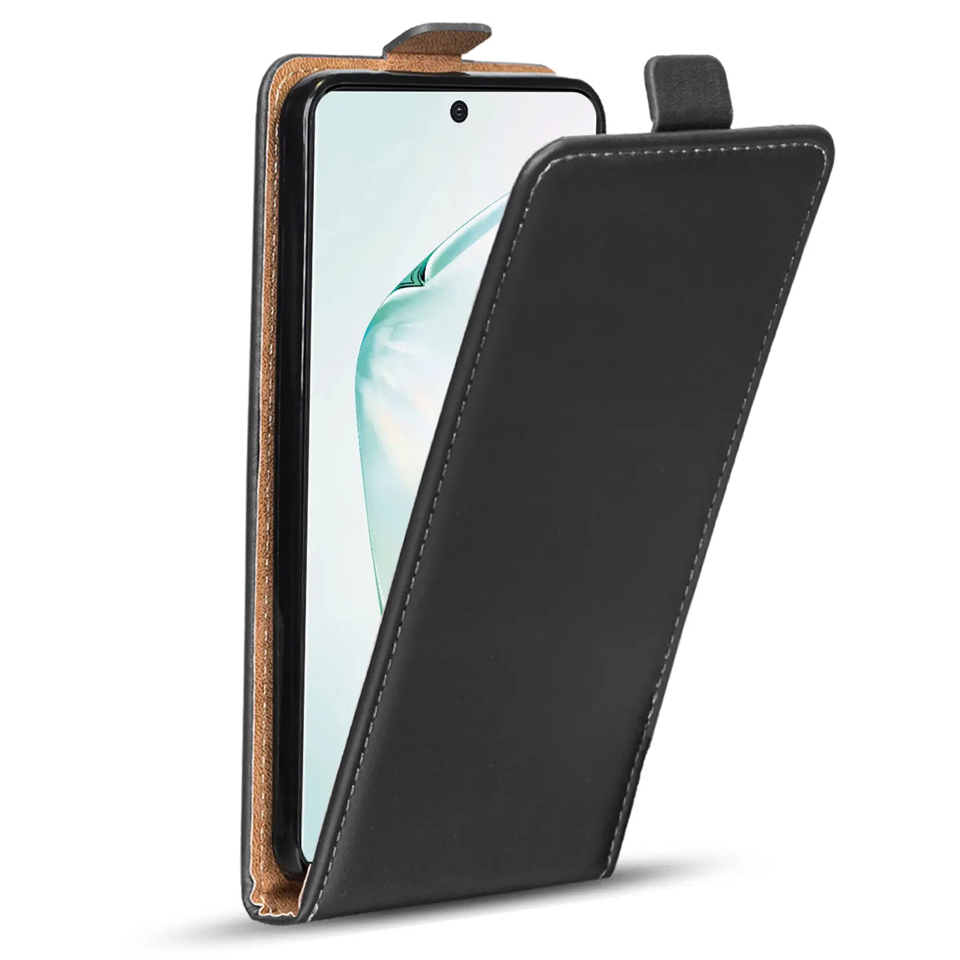 Schwarze Leder-Flip-Hülle mit offenem Deckel, zeigt Samsung Galaxy Note 10.