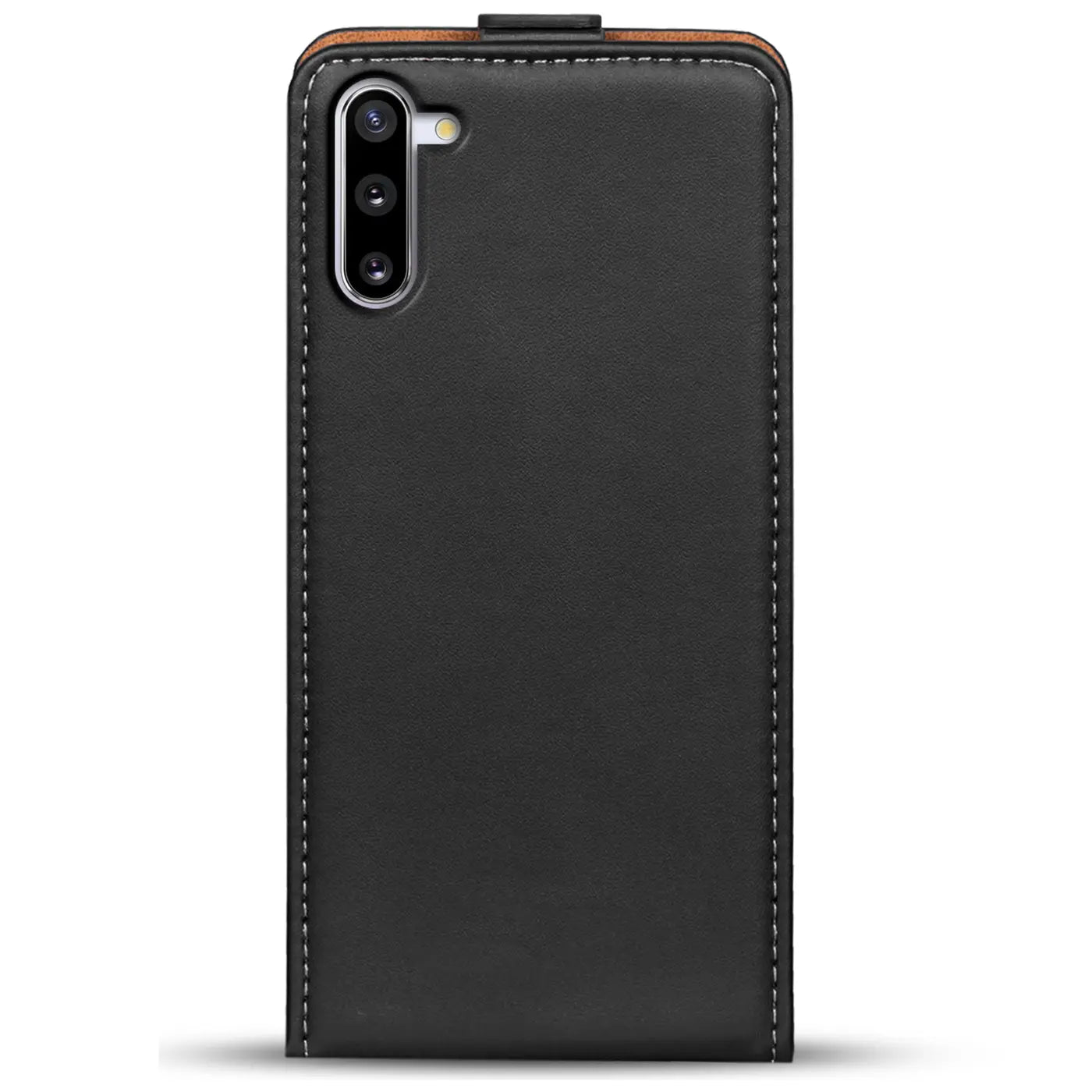 Schwarze Leder-Flip-Hülle mit Nähten, Rückseite eines Samsung Galaxy Note 10.