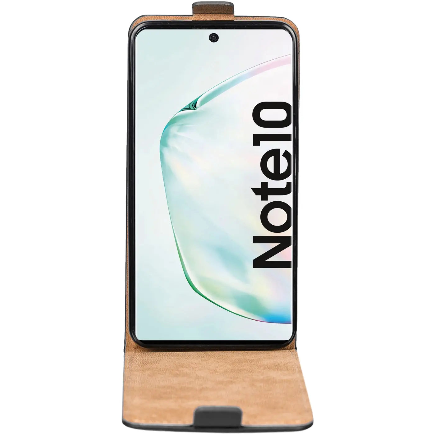Braune Leder-Flip-Hülle mit offenem Samsung Galaxy Note 10, Vorderansicht.