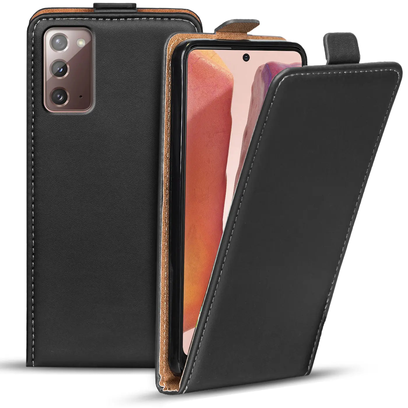 Schwarze Leder-Flip-Hülle mit offenem Samsung Galaxy Note 20, von vorne gesehen.