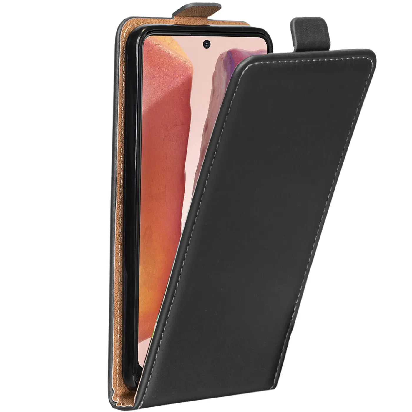 Schwarze Leder-Flip-Hülle mit offenem Deckel, zeigt Samsung Galaxy Note 20.