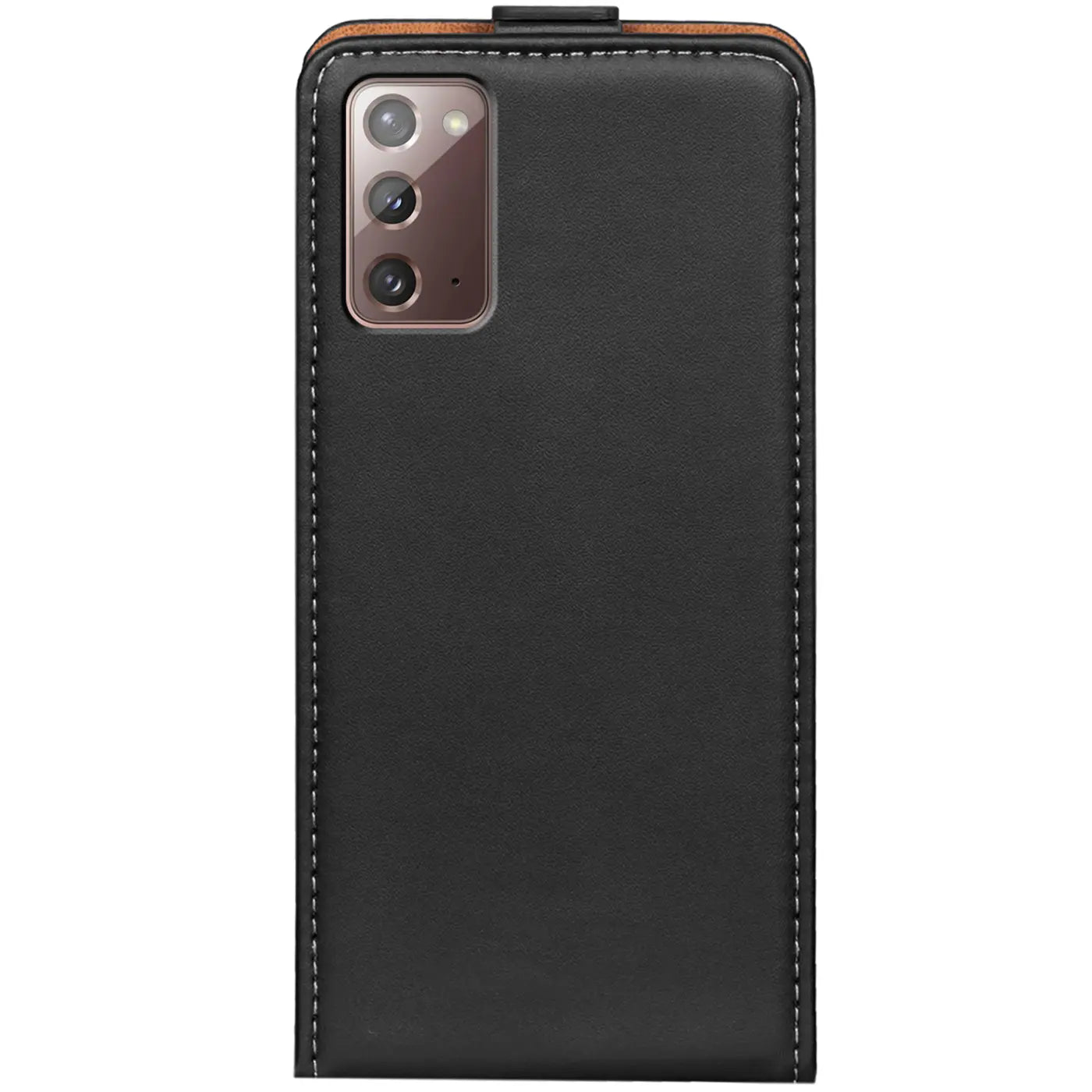 Schwarze Leder-Flip-Hülle mit Nähten, zeigt Kamera des Samsung Galaxy Note 20.