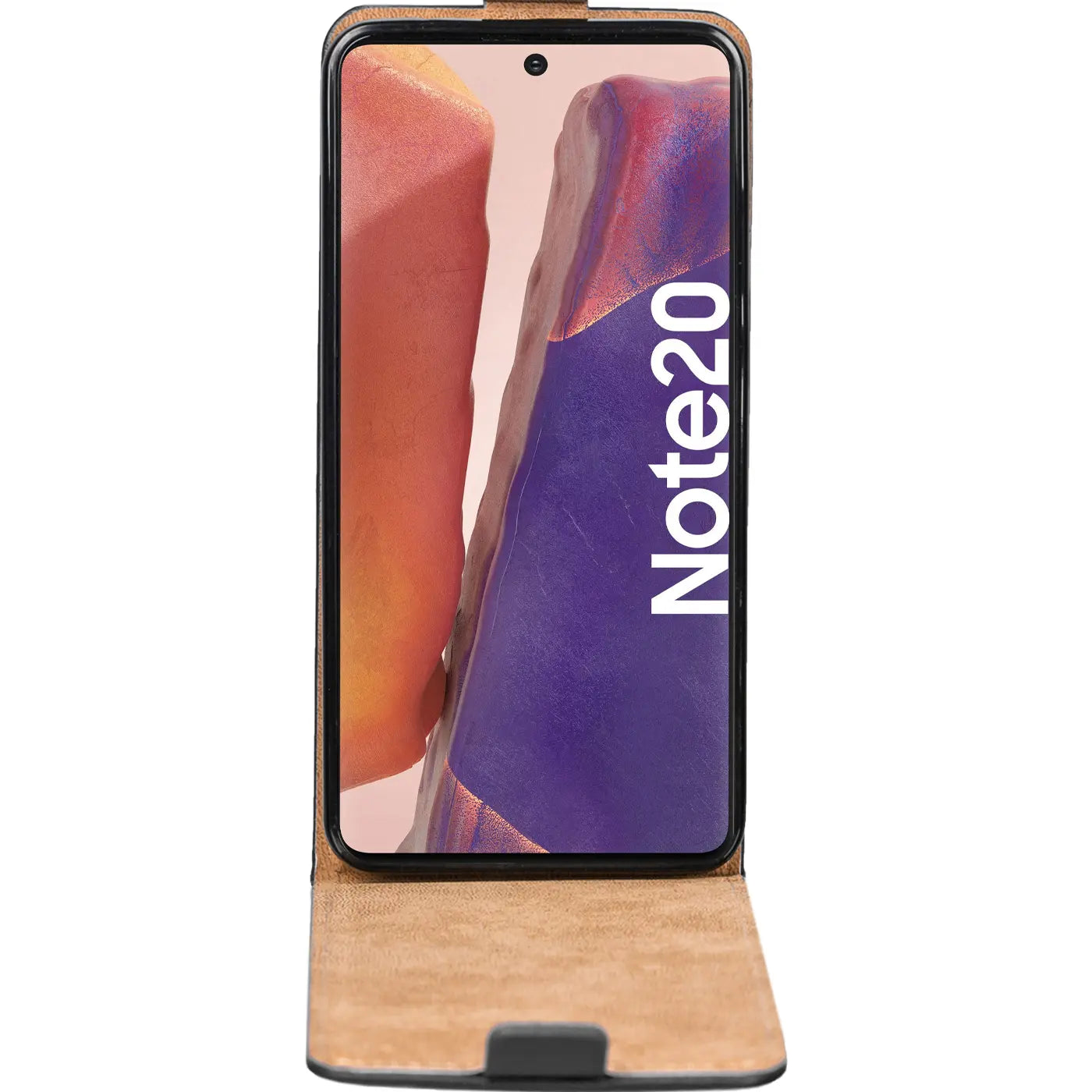 Braune Leder-Flip-Hülle für Samsung Galaxy Note 20, von vorne geöffnet