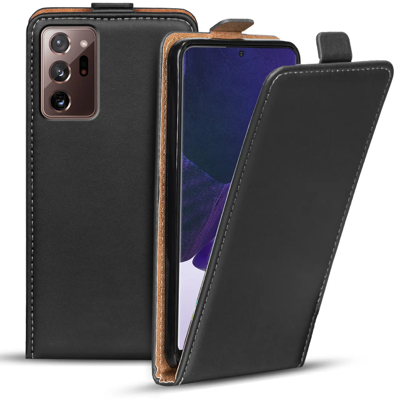 Schwarze Leder-Flip-Hülle mit braunem Innenfutter für Samsung Galaxy Note 20 Ultra, von vorne.