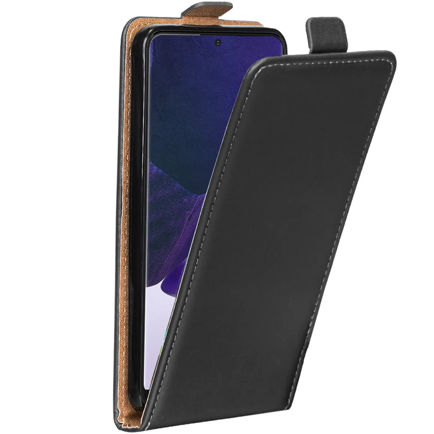 Schwarze Leder-Flip-Hülle für Samsung Galaxy Note 20 Ultra, von vorne schräg geöffnet.
