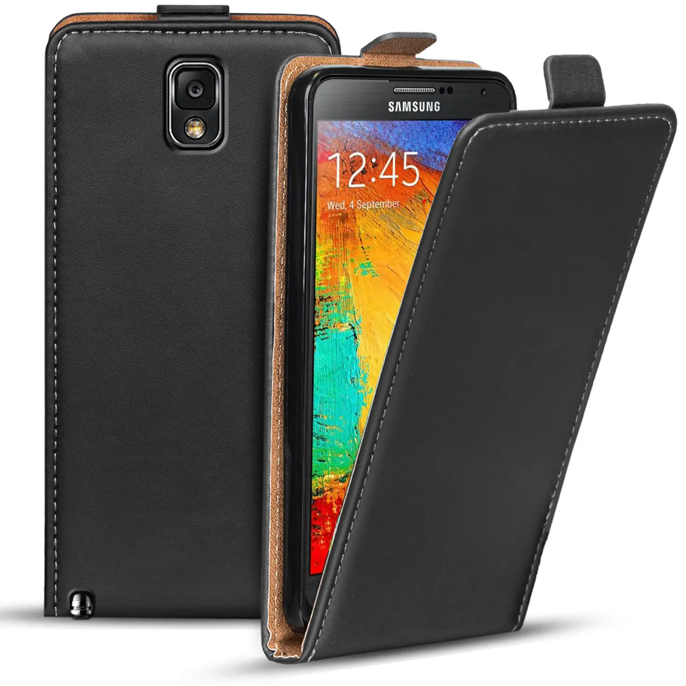 Schwarze Leder-Flip-Hülle für Samsung Galaxy Note 3, von vorne, offen