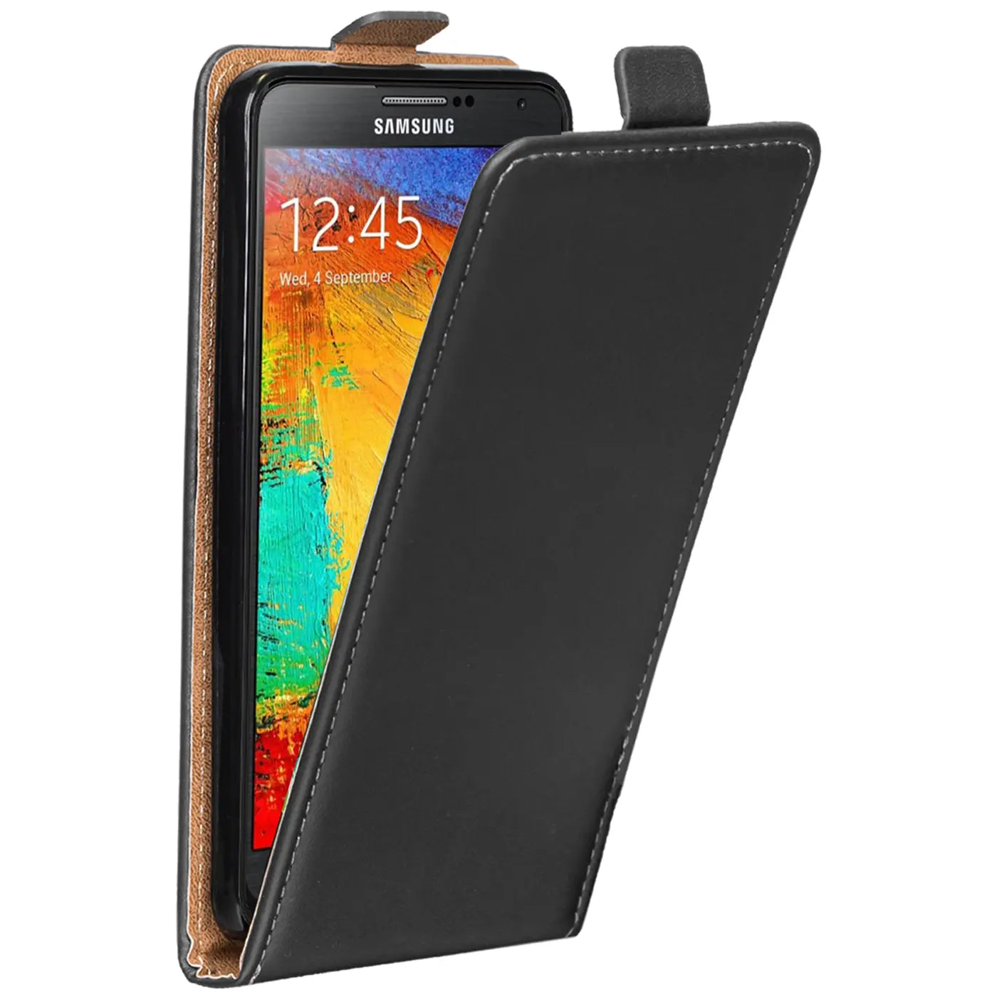 Schwarze Leder-Flip-Hülle für Samsung Galaxy Note 3, von vorne, leicht schräg