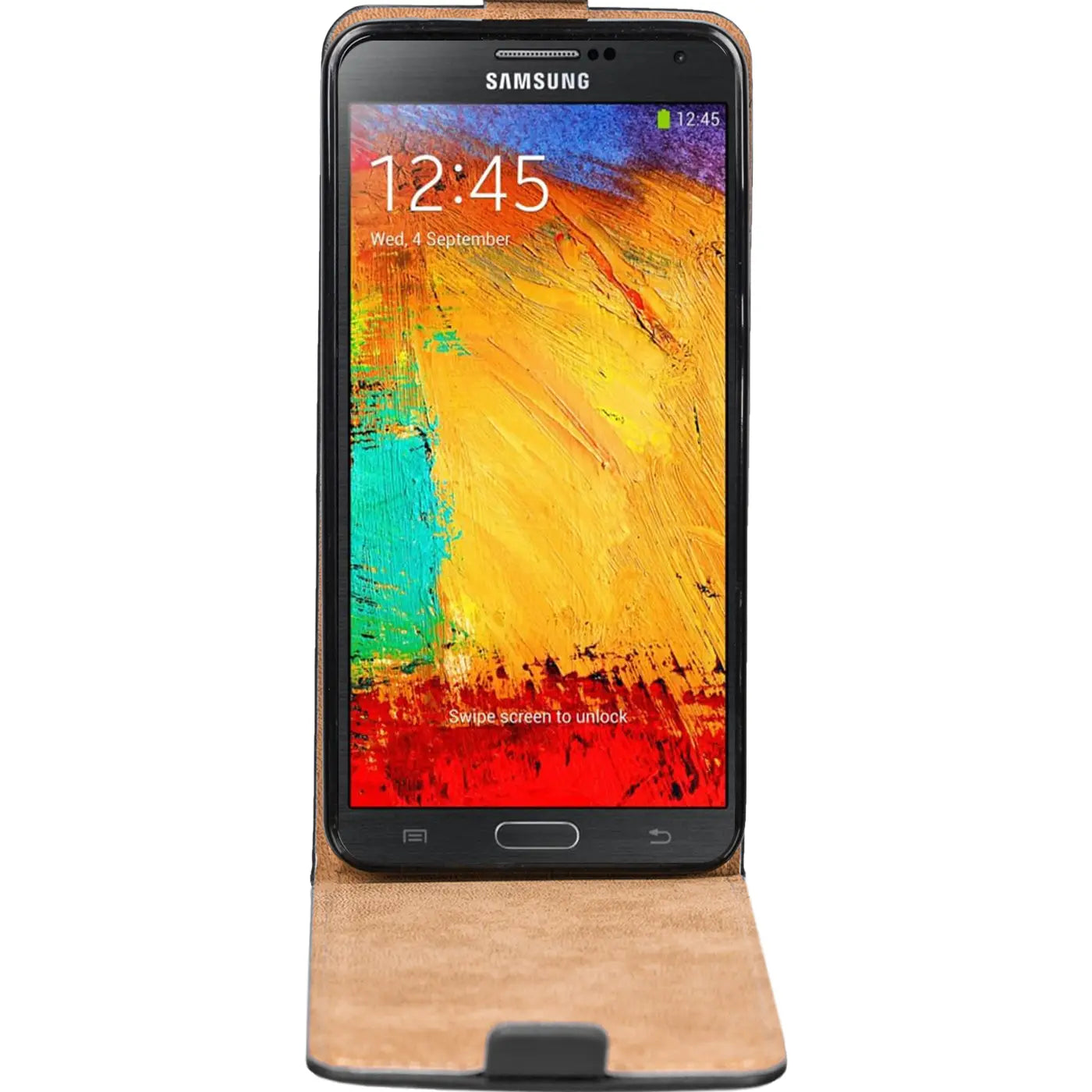 Samsung Galaxy Note 3 in brauner Leder-Flip-Hülle, Frontansicht.
