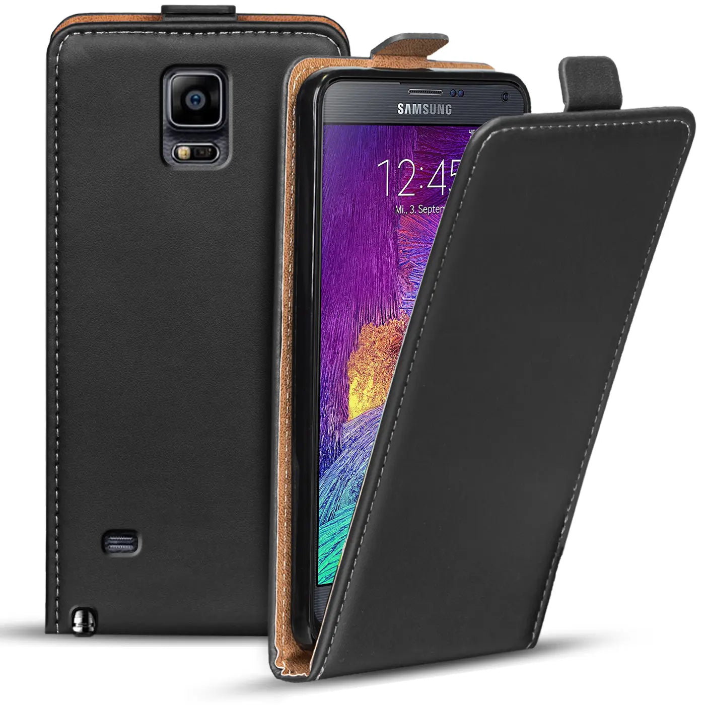 Schwarze Leder-Flip-Hülle mit braunem Innenfutter für Samsung Galaxy Note 4, von vorne gezeigt.