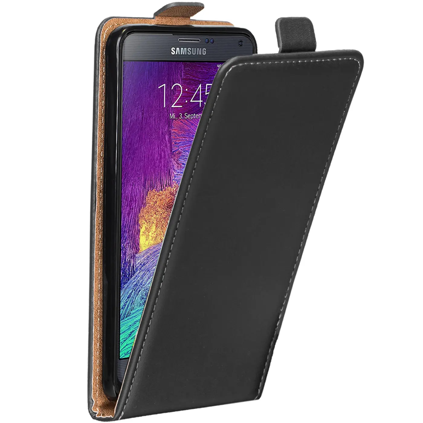 Schwarze Leder-Flip-Hülle mit braunem Innenfutter für Samsung Galaxy Note 4, von vorne schräg.