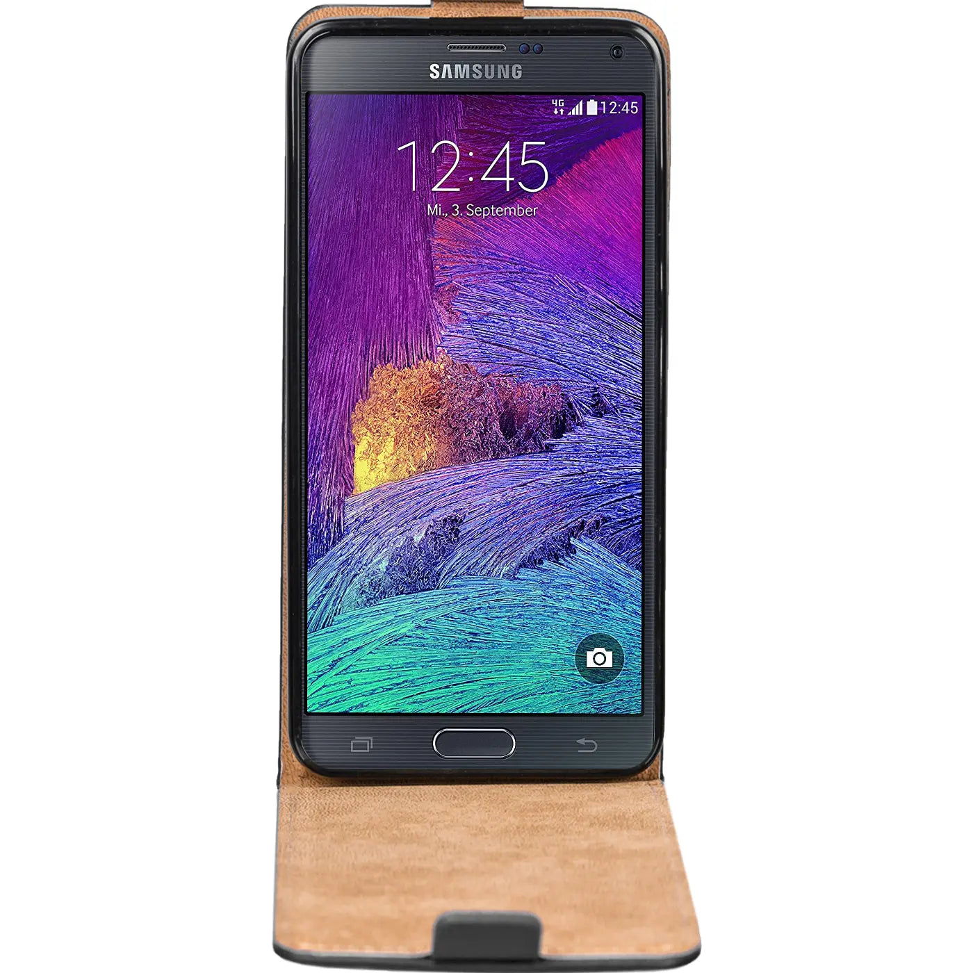 Samsung Galaxy Note 4 in brauner Leder-Flip-Hülle, Frontansicht