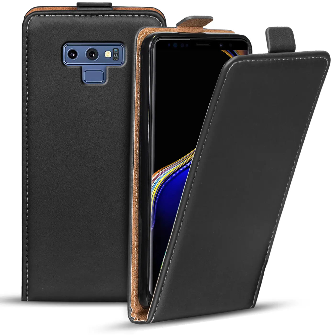 Schwarze Leder-Flip-Hülle mit braunem Rand, zeigt Samsung Galaxy Note 9, von vorne