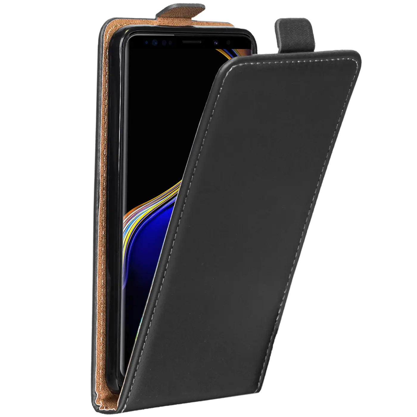 Schwarze Leder-Flip-Hülle mit offenem Deckel, zeigt Samsung Galaxy Note 9.