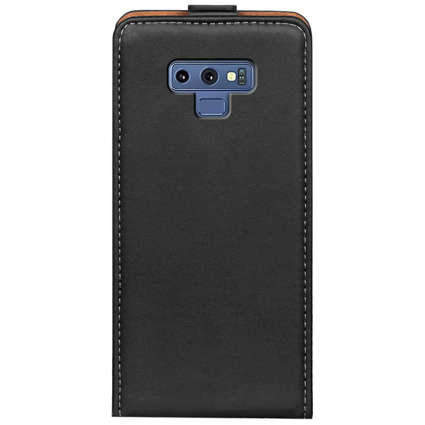 Schwarze Leder-Flip-Hülle für Samsung Galaxy Note 9, von hinten, Nahaufnahme
